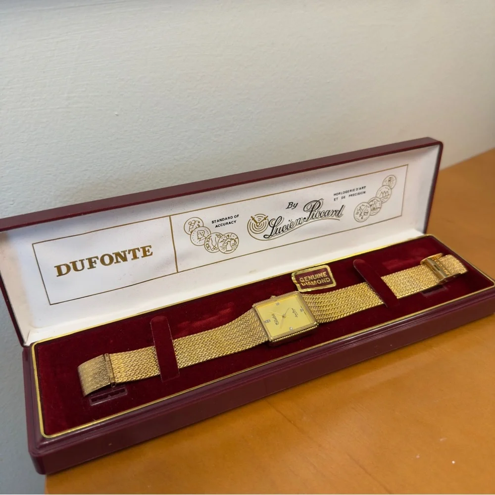 Vintage Dufonte by Lucien Piccard Gold Mesh Diamond Watch Swiss Made Box & Cert